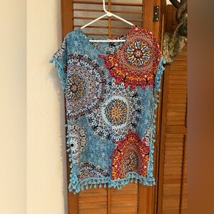 Colorful Mandala Print Swim Coverup with Tassels